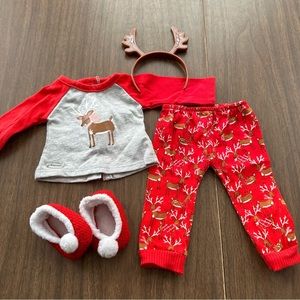 American Girl Doll Festive Red Reindeer PJ set - pajamas slippers headband